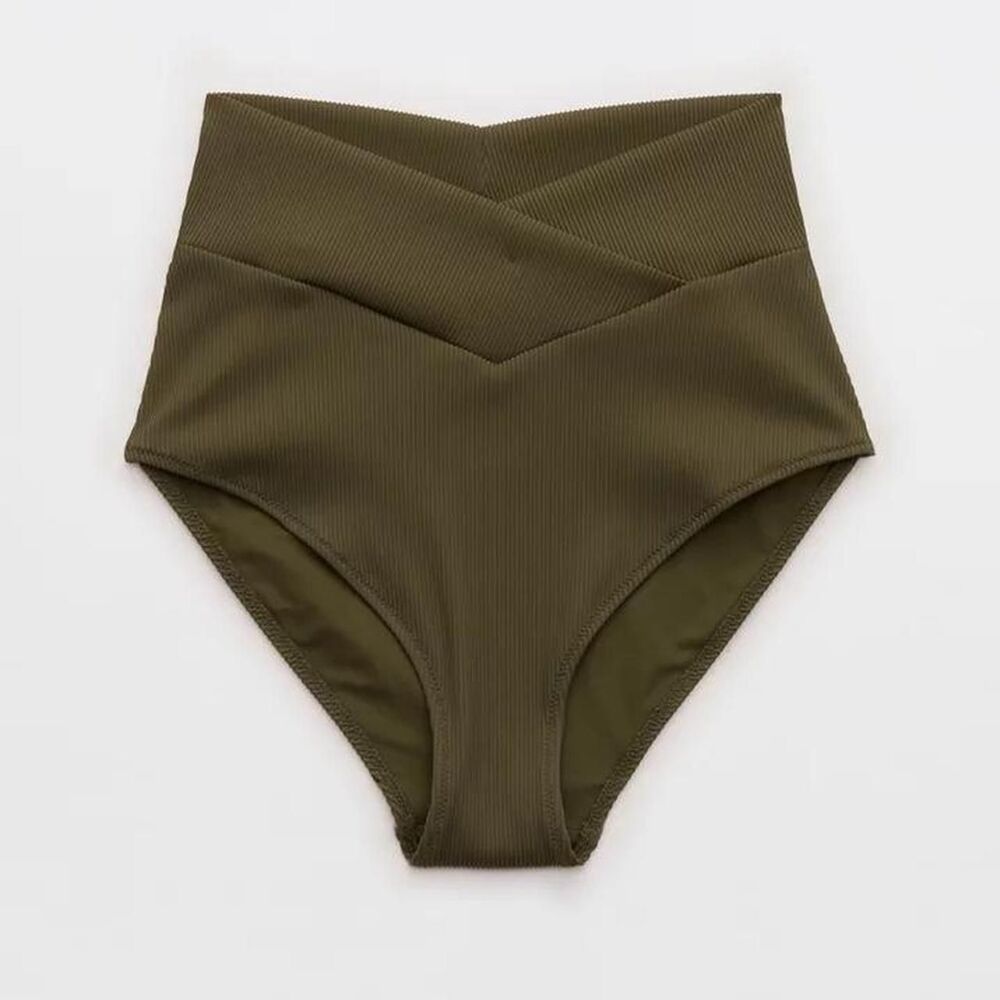 Aerie High Rise Full Coverage Crossover Ribbed Bikini Bottom - size M